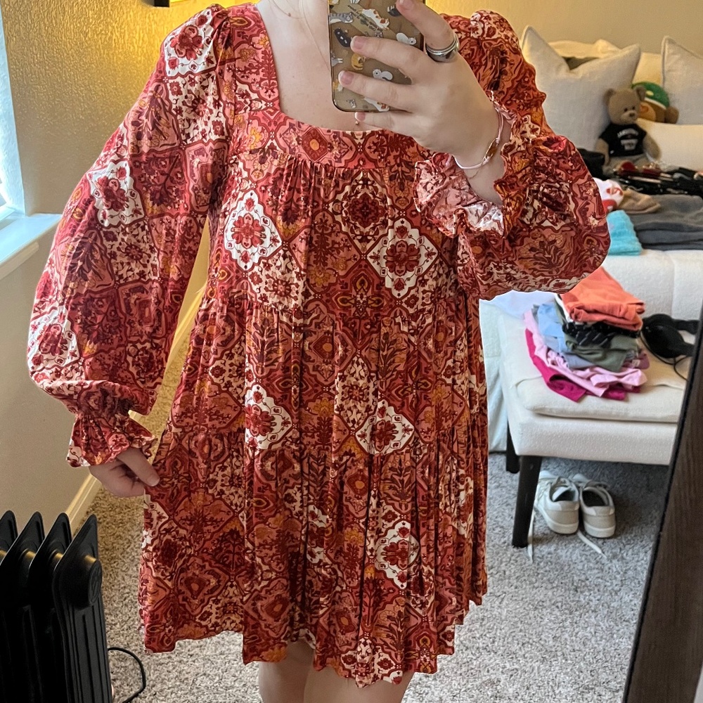 Boho Red and Orange Patterned Dress
